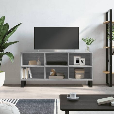 Meuble TV,Armoire de Banc TV blanc avec rangement 6 compartiments sonoma gris 103,5x30x50 cm bois d'ingénierie -BV28067