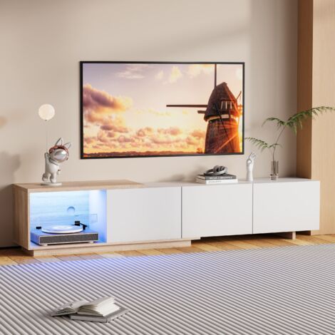 Meuble TV,Armoire TV,Meuble TV LED,Ajustable extensible,Meuble TV LED à induction,180x38x44 cm-3 tiroirs-Rangement-Blanc et bois