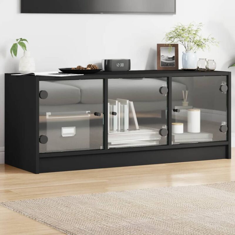 Meuble TV,Banc tv Moderne,Meuble de Rangement avec portes en verre noir 102x37x42 cm CFW810902