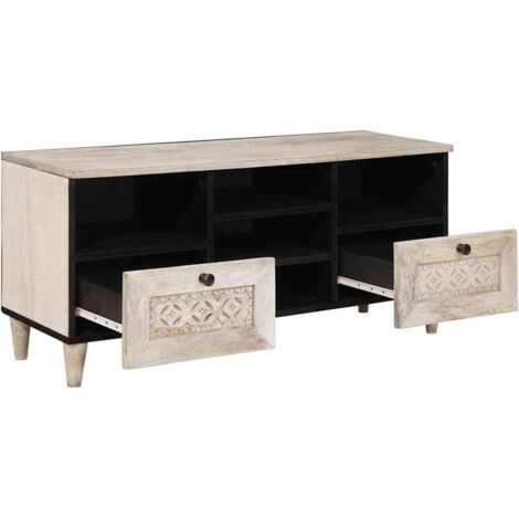 Meuble TV，Banc TV，Armoire TV Blanc 100 x 33 x 46 cm bois de manguier massif CFW880869