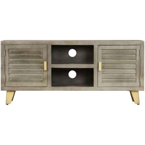 Meuble TV，Banc TV，Armoire TV Bois solide de manguier Gris avec laiton 110x30x48 cm CFW925357