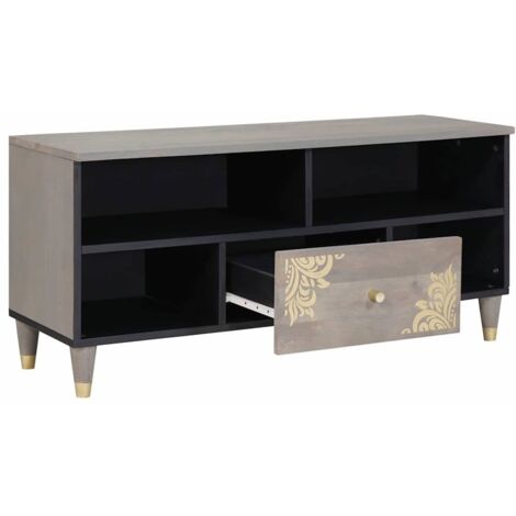 Meuble TV，Banc TV，Armoire TV Gris et or 100 x 33.5 x 46 cm Bois de manguier massif CFW494219