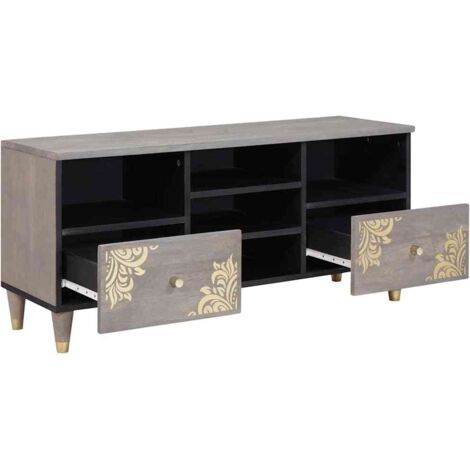 Meuble TV，Banc TV，Armoire TV Gris et or 100 x 33.5 x 46 cm Bois de manguier massif CFW666665