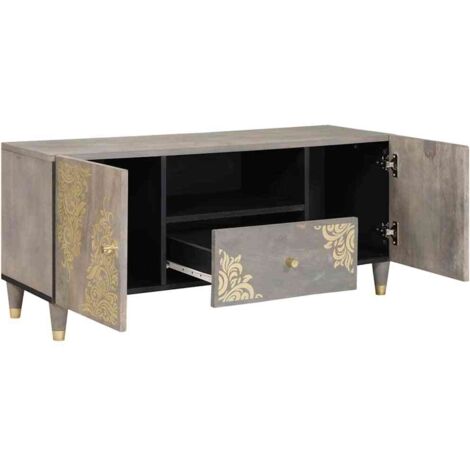 Meuble TV，Banc TV，Armoire TV Gris et or 105 x 33.5 x 46 cm Bois de manguier massif CFW541654