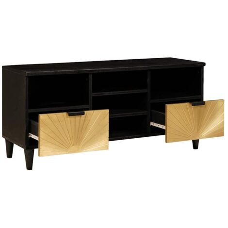 Meuble TV，Banc TV，Armoire TV Noir et or 100 x 33 x 46 cm bois de manguier massif CFW108469