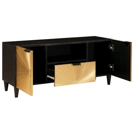 Meuble TV，Banc TV，Armoire TV Noir et or 105 x 33 x 46 cm bois de manguier massif CFW550855