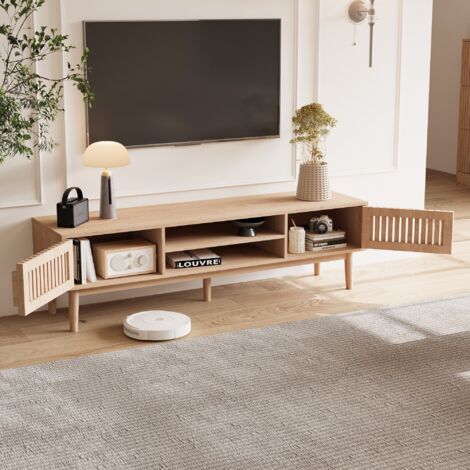 Meuble TV,Meuble TV bois,Armoire TV,2 Portes,150x40x48 cm,2 compartiments ouverts,Rangement,ventilation,Couleur bois clair