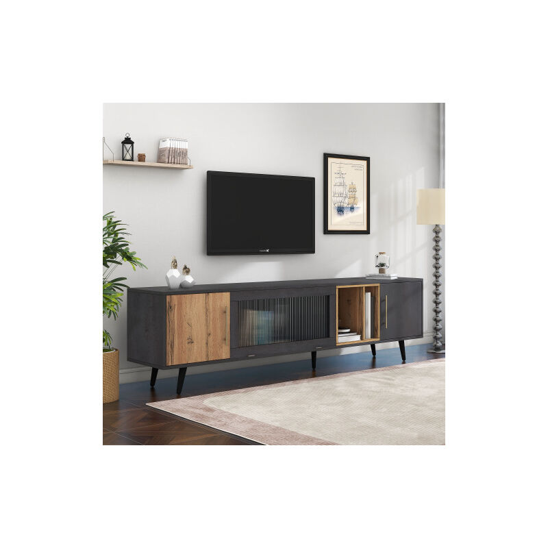 Meuble TV,Meuble tv élégant, 200x40x55,5 cm, bois foncé, gris et grain de bois, adapté à un téléviseur de 90 pouces