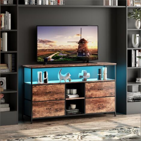 Meuble TV,Meuble TV LED,Meuble TV haut,4 Tiroirs en tissu,étagères ouvertes,108×30×77 cm,avec LED,rangement,structure acier,Marron