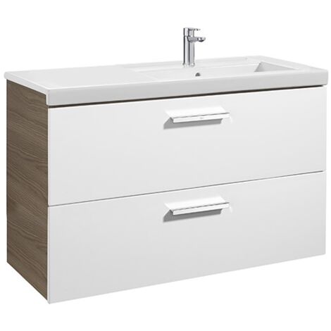Meuble Unik PRISMA 1100 - 2 tiroirs + lavabo à droite - Blanc / Frêne - Roca