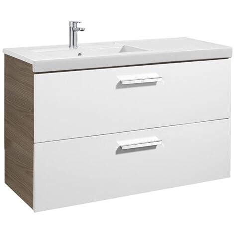 Meuble Unik PRISMA 1100 - 2 tiroirs + lavabo à gauche - Blanc / Frêne - Roca
