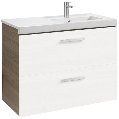 Meuble Unik PRISMA 900 - 2 tiroirs + lavabo à droite - Blanc / Frêne - Roca