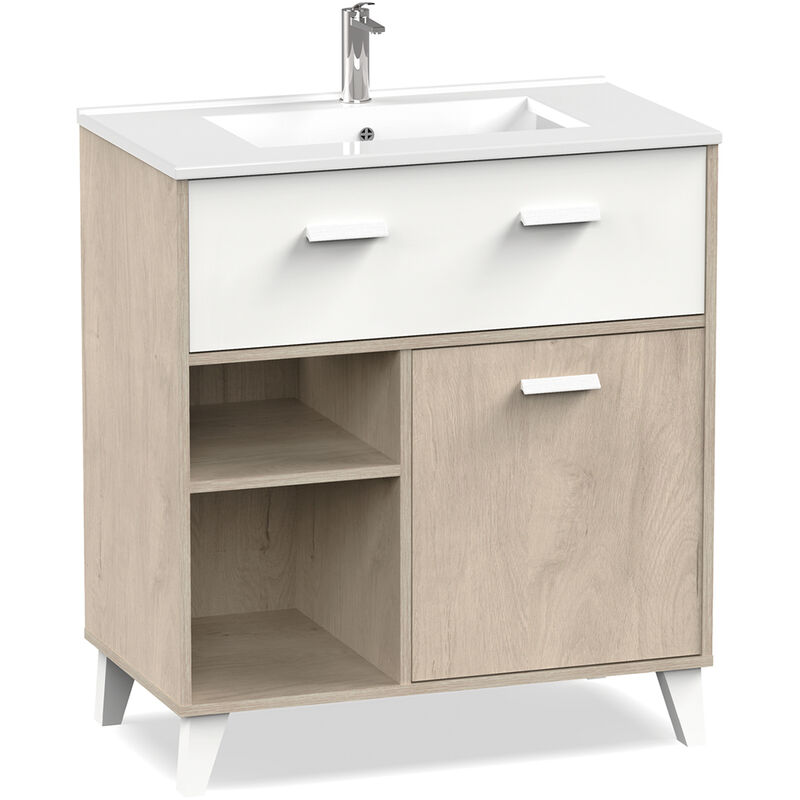 pegane - meuble vasque 1 porte + 1 tiroir coloris effet bois / blanc - hauteur 90 x longueur 82 x profondeur 47 cm