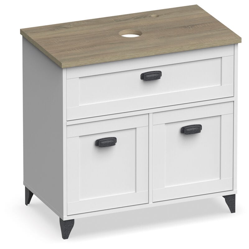 Meuble Vasque 2 portes + 1 tiroir coloris blanc mat/Cambrian - Hauteur 95 x Longueur 82 x Profondeur 47 cm Pegane