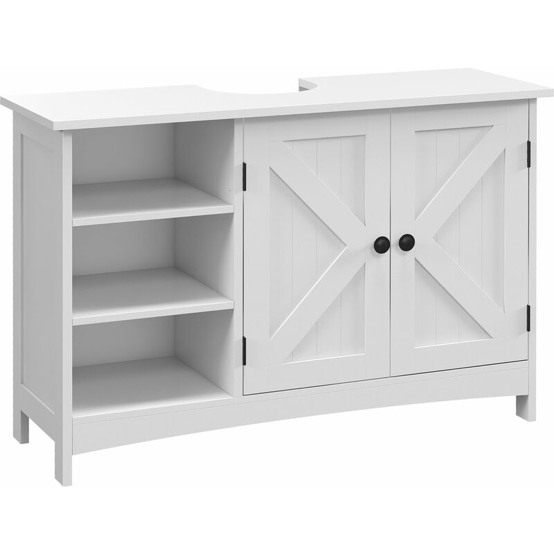 Kleankin - Meuble vasque - meuble sous-vasque - 2 portes croisillon, étagère, 3 niches - poignées boutons métal noir - dim. 90L x 30l x 60H cm - mdf