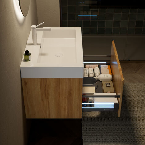 Meuble Vasque 55x31x66,5 cm avec Vasque Résine Blanc Brillant - Tiroir à Fermeture Amortie avec LED - Structure Contreplaqué - Chêne