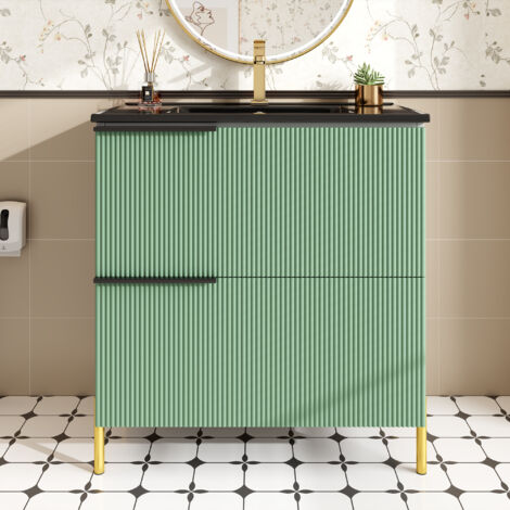 Meuble Vasque 60x48x55 cm - 2 Tiroirs Façade Vert Menthe 3D + Porte - Structure MDF Mélamine - Vasque Céramique - Pieds Métal Doré - Vert et Or