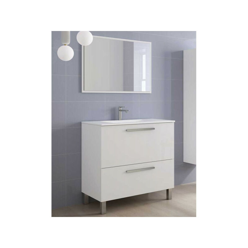 dansmamaison - meuble vasque 2 tiroirs 80 cm + vasque + miroir blanc brillant - banru - meuble : l 80 x l 45 x h 80 vasque : l 81 x l 46 x h 18 cm