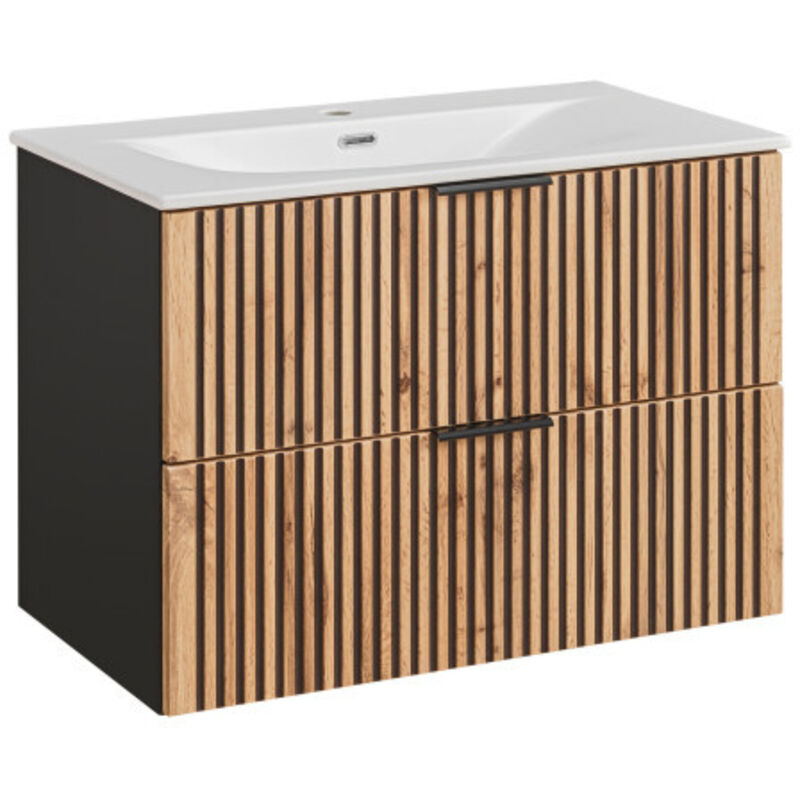 Ac-Deco – Meuble vasque à encastrer 80 cm – Siphon inclus – Panneau stratifié et MDF – 2 tiroirs de rangement – Collection Sylve Black Wotan