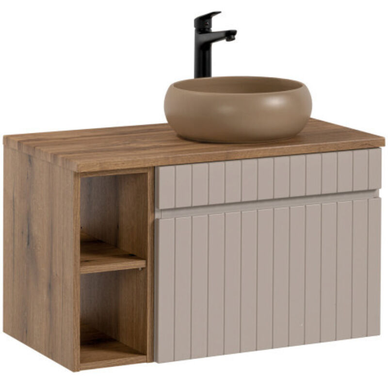 Ac-Deco – Meuble sous vasque simple 80 cm – Céramique matte – H 46 x l 80 x P 45.6 cm – Grand tiroir de rangement – Poignées intégrées