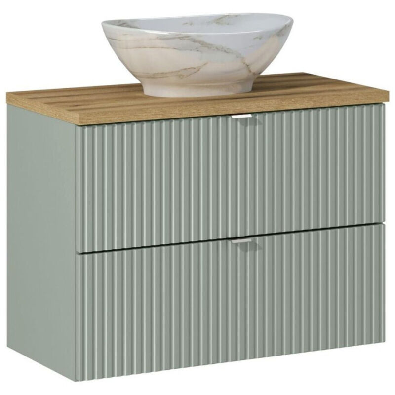 Meuble vasque à poser 80 cm – 2 tiroirs – Vert Roseau – Dimensions H 57 x L 80 x P 39 cm – Installation à monter soi-même – Comad
