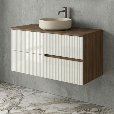 Meuble vasque à poser L.100cm suspendu Chêne Moka 2 tiroirs Blanc brillant cannelé EVA - sans colonne