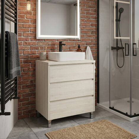 Meuble vasque à poser L.60cm sur pied 3 tiroirs Chêne blanchi LISBONA - sans colonne