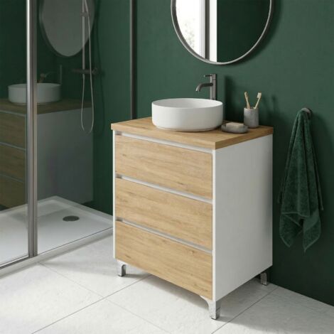 Meuble vasque à poser L.60cm sur pied Blanc laqué 3 tiroirs Chêne naturel LISBONA - sans colonne