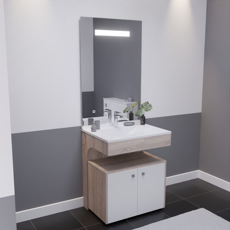 Cuisibane - Meuble vasque altea 70 cm avec miroir led Elégance et caisson roulant - Cambrian oak
