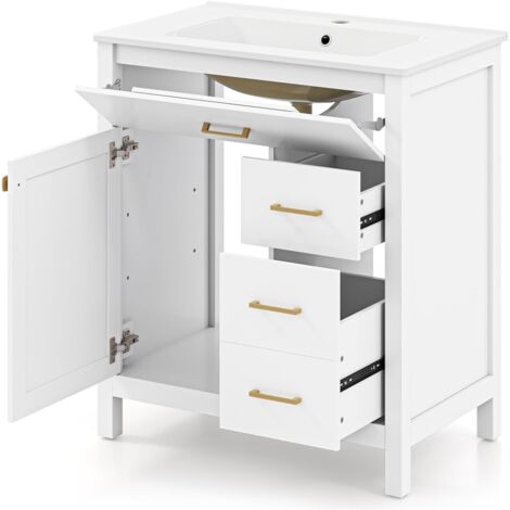 Meuble vasque avec lavabo, meuble bas avec vasque en céramique, 2 tiroirs et portes, 76 x 46,5 x 86 cm, ensemble de meubles de salle de bains, blanc