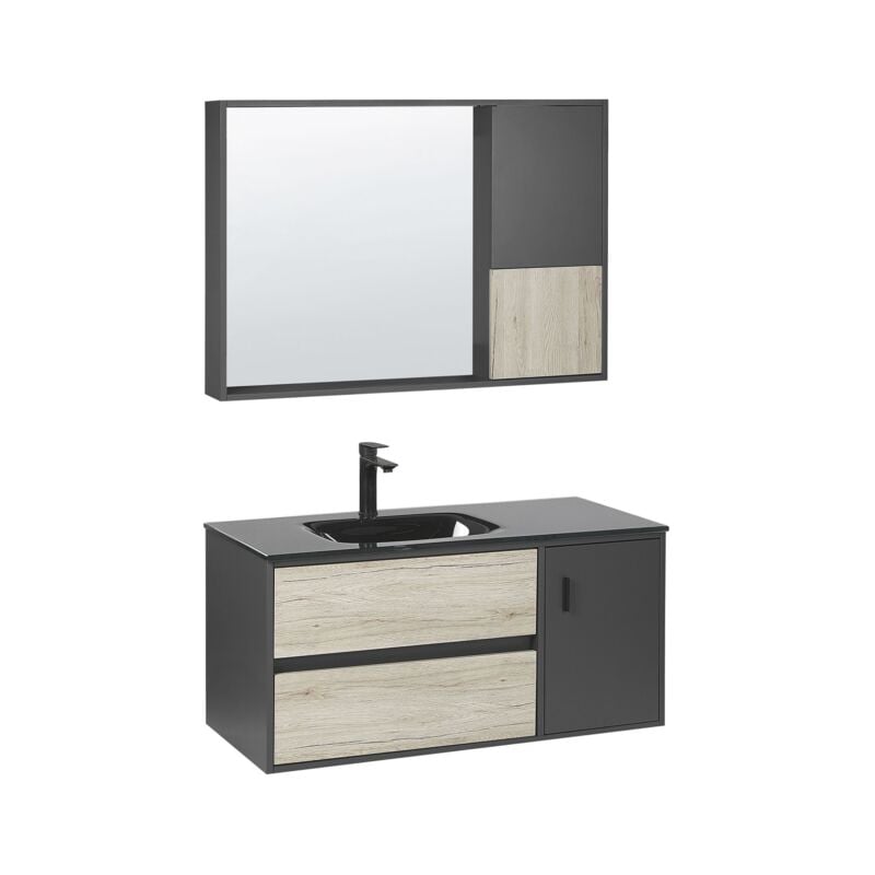 Beliani - Meuble Vasque de Salle de Bain avec Tiroirs et Miroir 100 cm Bois Clair et Noir