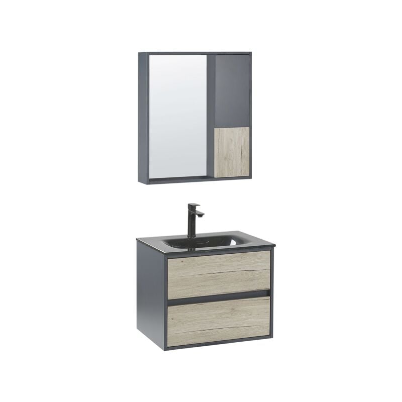 Beliani - Meuble Vasque de Salle de Bain avec Tiroirs et Miroir 60 cm Bois Clair et Gris