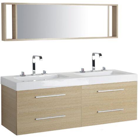 Meuble Vasque Beige avec Miroir 1 lavabo et 2 Tiroirs à Fermeture Amortie Malaga - Bois clair
