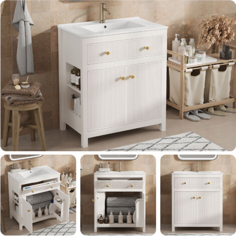 Meuble vasque blanc 81x46,5cm avec vasque céramique, 1 tiroir + 1 porte à fermeture amortie, meuble lavabo moderne autoportant à design cannelé