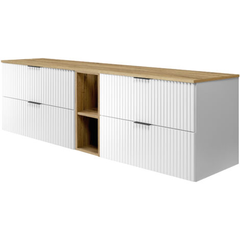 Meuble vasque, Blanc / Chêne Craft + poignée noire, 180(2 × 80 + 20) × 57 × 46 cm + Plan de travail