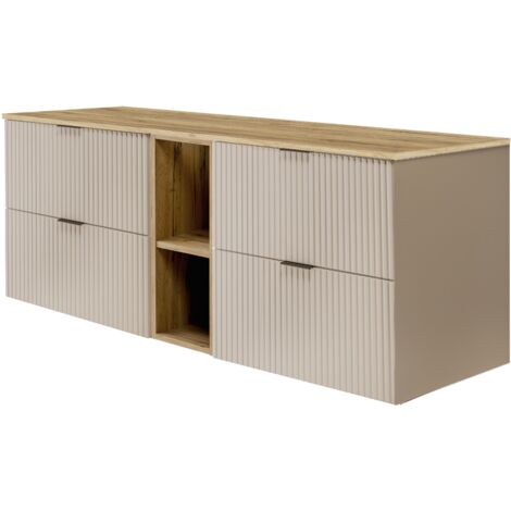 Meuble vasque, Cachemire / Chêne Craft + poignée noire, 140(2 × 60 + 20) × 57 × 46 cm + Plan de travail