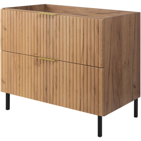 Meuble vasque, Chêne Craft, 80 × 77 × 46 cm, poignée dorée, pieds noirs, sans plan de travail