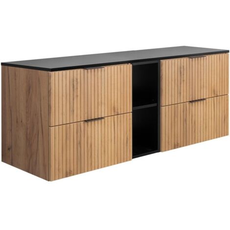 Meuble vasque, Chêne craft / Noir + poignée noire, 140(2 × 60 + 20) × 57 × 46 cm + Plan de travail