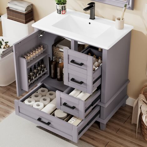 Meuble vasque de salle de bain 76x46x83,5 cm, finition laquée grise, 3 tiroirs, étagère. Vasque céramique intégrée