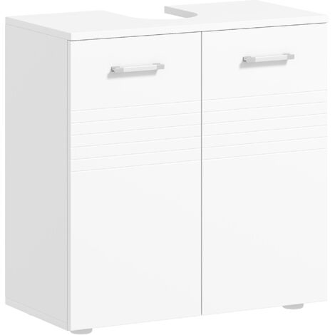 Meuble vasque de salle de bain à 2 portes, meuble sous-vasque en bois gain de place avec étagère réglable, blanc brillant