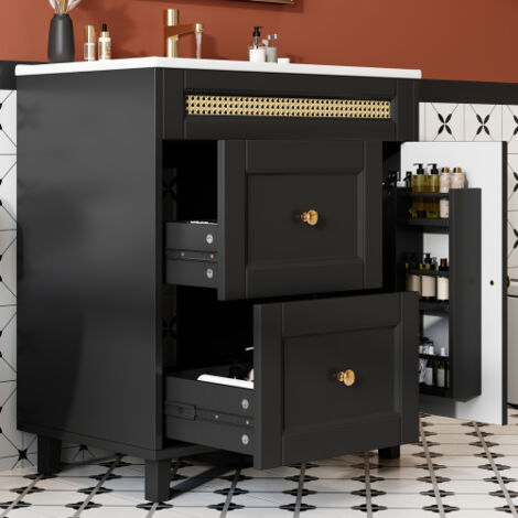 Meuble vasque de salle de bain autoportant 76x46x86,5cm, doubles glissières de tiroir silencieuses, portes d'armoire avec fonction de fermeture douce, poignées dorées et décorations en rotin, lavabo e