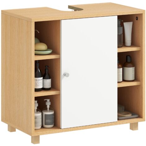 Meuble vasque de salle de bain avec 2 portes à fermeture douce et 6 étagères ouvertes, 60 x 33 x 57 cm, blanc