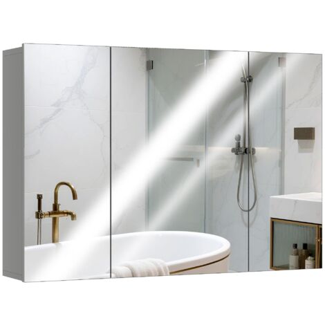 Meuble vasque de salle de bain avec 3 portes miroir et étagères réglables, en panneaux de fibres de moyenne densité gris, mesurant 90 cm de long x 15 cm de large x 60 cm de haut.