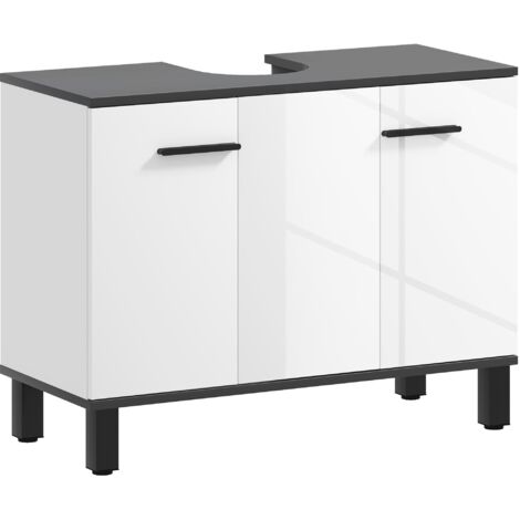 Meuble vasque de salle de bain avec armoire à 2 portes et étagère réglable, 80 x 34 x 60 cm, blanc brillant