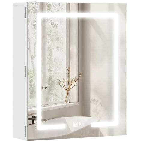 Meuble vasque de salle de bain avec miroir et éclairage LED, antibuée, étagères réglables, 50 x 15 x 60 cm, blanc.
