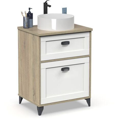 Meuble vasque de salle de bain sur pieds avec Lavabo 1 tiroir et 1 porte  coloris Chêne cambrian/Blanc - Longueur 61 x Hauteur 91 x Profondeur 47 cm