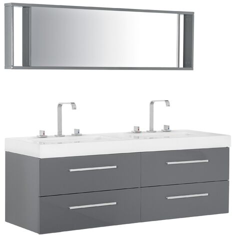 Meuble Vasque Gris avec Miroir 1 lavabo et 2 Tiroirs à Fermeture Amortie Malaga - Gris