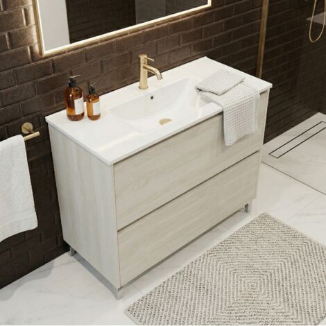 Meuble vasque L.100cm sur pied 2 tiroirs Chêne blanchi LISBONA - sans colonne