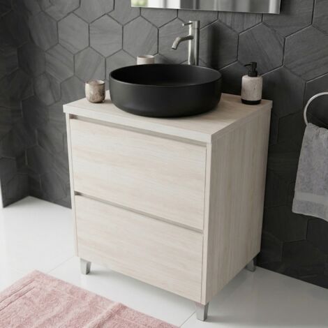 Meuble vasque L.60cm à poser sur pied 2 tiroirs Chêne blanchi LISBONA - sans colonne