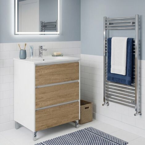Meuble vasque L.60cm sur pied Blanc laqué 3 tiroirs Chêne naturel LISBONA - sans colonne